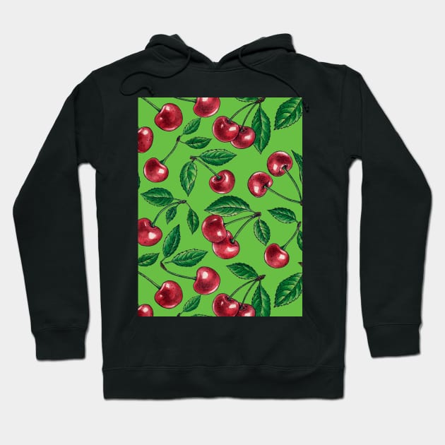 Red cherries on green Hoodie by katerinamk